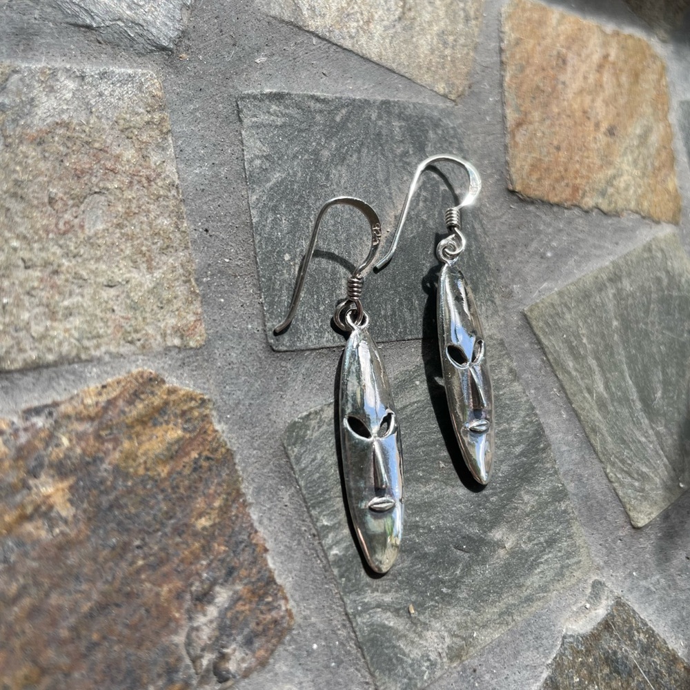 Sterling Silver Elongated Tribal Face Mask Earrings